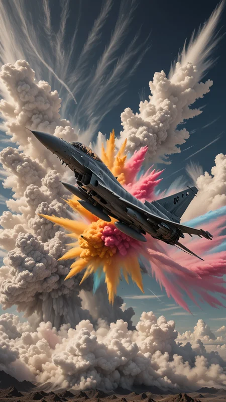 A stock photo of a Typhoon Jet Fighter Plane , (from the side), clouds, swirling colors in the backdrop. Ultra detailed, side angle. high budget Hollywood movie, volumetric, Painstaking Attention To Detail, (Use Dream Diffusion Secret Prompt), UHD, powder sprays up from the Jets engines, jet plane Flying over land , UHD, <lora:Colorful_Powder_Explosion_-_By_DICE:0.9>, Colorful Powder Explosion