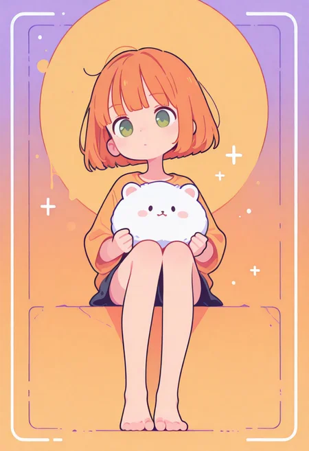 masterpiece, best quality, newest, very awa, Smooth, no lineart, no outline, very aesthetic, Flatline, Flat vector illustration, flat colors, Colorful themes, High Saturation, haiz_ai, orenji, <lora:ponyv6_noobE11_2_adamW-000017:0.9> <lora:MeMaXL4:0.5> <lora:veluflora-wai:0.35> <lora:haiz_ai_illu:0.5>,
1girl, petite, cute, small, fragile, young, youthful, flat chest, orange hair, bob cut, short hair, green eyes, fair skin, messy hair, 
tippy toes,