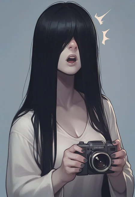 score_9, score_8_up, score_7_up, rating_safe, solo, sadako has caught on camera, hair over eyes, surprised