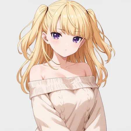 score_9, score_8_up, score_7_up, simple background,
1girl, kanna, purple eyes, blonde hair, two side up, low-cut, strapless, sweater,
<lora:kanna_pony_v1:0.6>