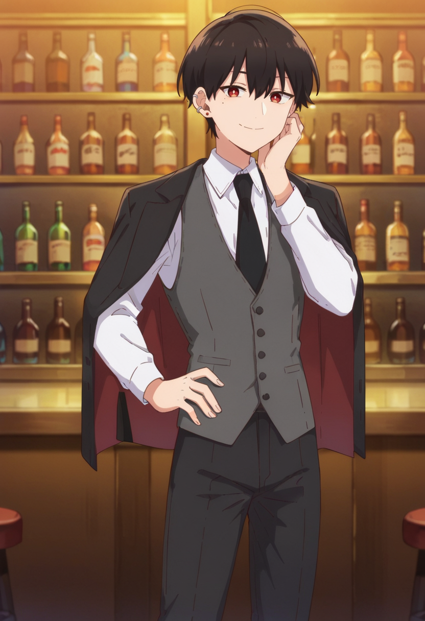 score_9,score_8_up,score_7_up,score_6_up,score_5_up,score_4_up,anime coloring,source_anime,<lora:Suou_How_I_Attended_an_All-Guys_Mixer_Pony:0.8>,suou,1girl,solo,red eyes,black hair,short hair,earrings,ear piercing,mole under eye,dress shirt,black necktie,grey vest,jacket on shoulders,black pants,smile,standing,indoors,bar,looking at viewer,