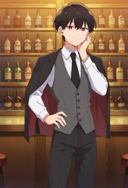 score_9,score_8_up,score_7_up,score_6_up,score_5_up,score_4_up,anime coloring,source_anime,<lora:Suou_How_I_Attended_an_All-Guys_Mixer_Pony:0.8>,suou,1girl,solo,red eyes,black hair,short hair,earrings,ear piercing,mole under eye,dress shirt,black necktie,grey vest,jacket on shoulders,black pants,smile,standing,indoors,bar,looking at viewer,