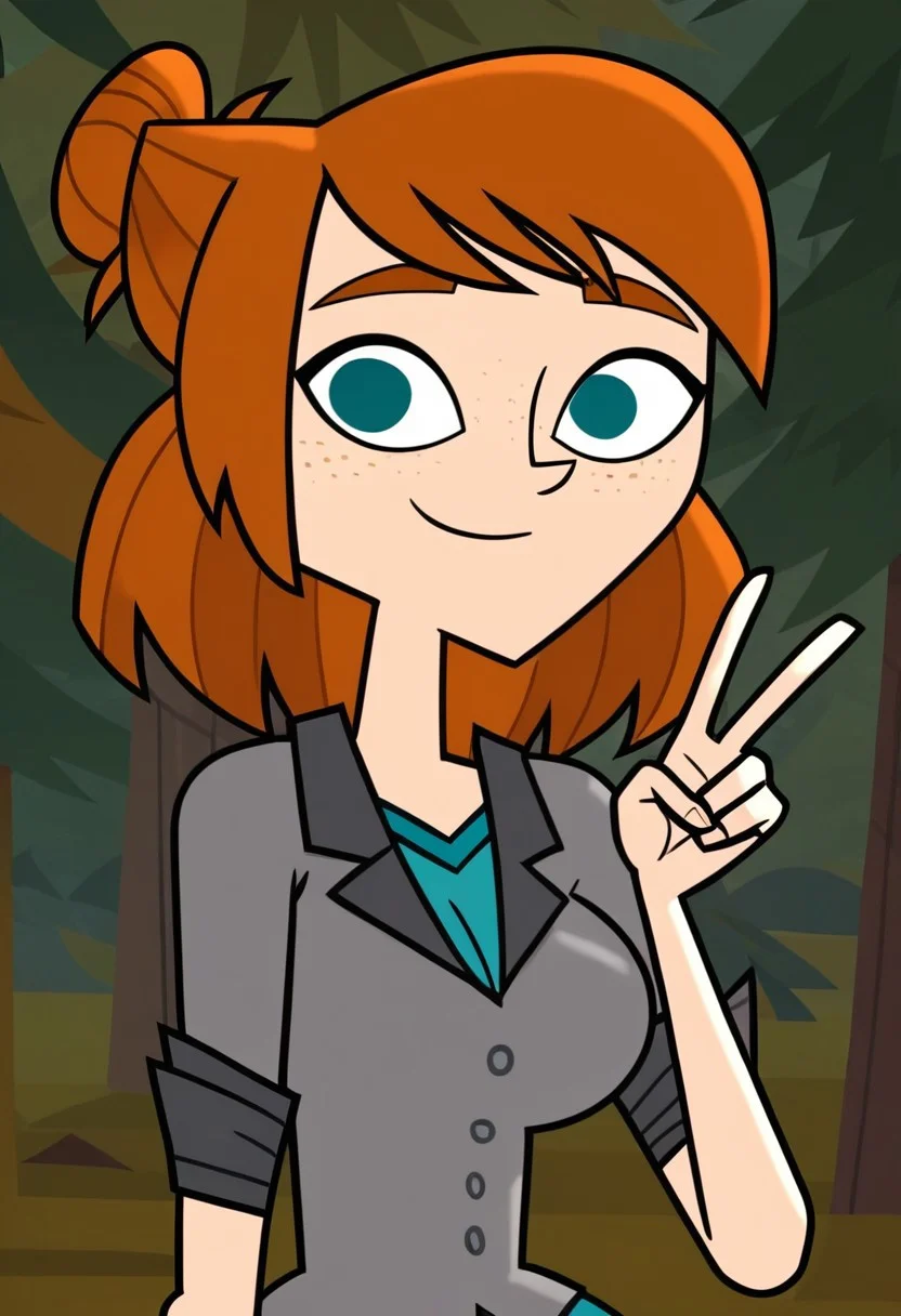 ((Forest background)),score_9, score_8_up, score_7_up,score_6_up,
1girl, Solo, Ellie_DC, pale skin, teal eyes, freckles, pumpkin hair, shoulder-length hair, hairstyle bun, grey buttoned jacket rolled up sleeves, turquoise t-shirt, black skirt, long socks with black-grey stripes, black boots, big eyes, tall stature, social smile, perfect eyes, perfect smile, looking at the viewer, big breasts, detailed eyes, perfect eyes, cute, standing, (front pose, bust shot, close up to face, face portrait:1) 5 fingers, perfect hands, hand up symbol peace