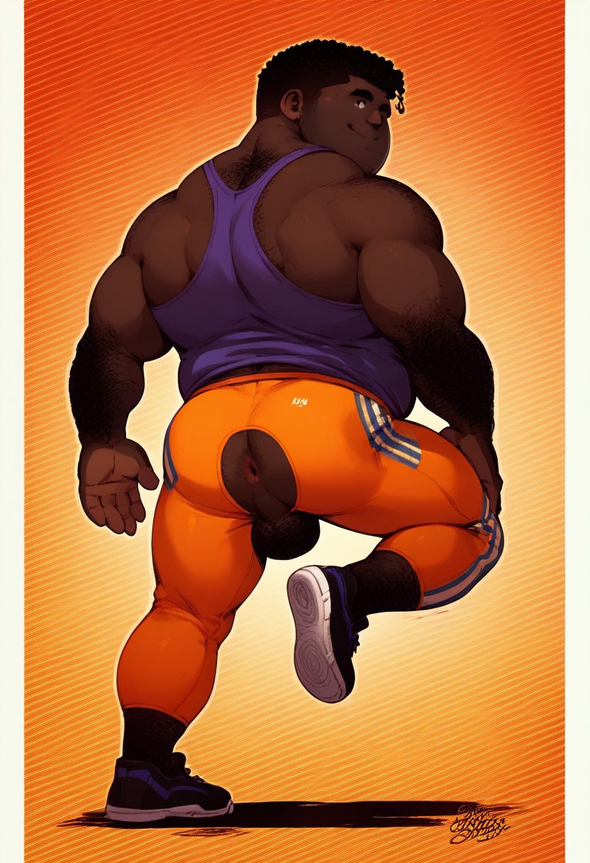 score_9, score_8_up, score_7_up, score_6_up, score_5_up, score_4_up, 1boy, male focus, dark skin color, black guy, african american, very short rasta hair, a chubby man doing yoga, smiling, happy, looking to the camera over shoulder, peeking, standing on one leg, hands in front of the chest, full body pose, bright orange yoga pants with geometric patterns, yoga pose, wearing purple crop top, anus, back view, in a zen garden outside, japanese temple, very detailed, 8k, yoga mat