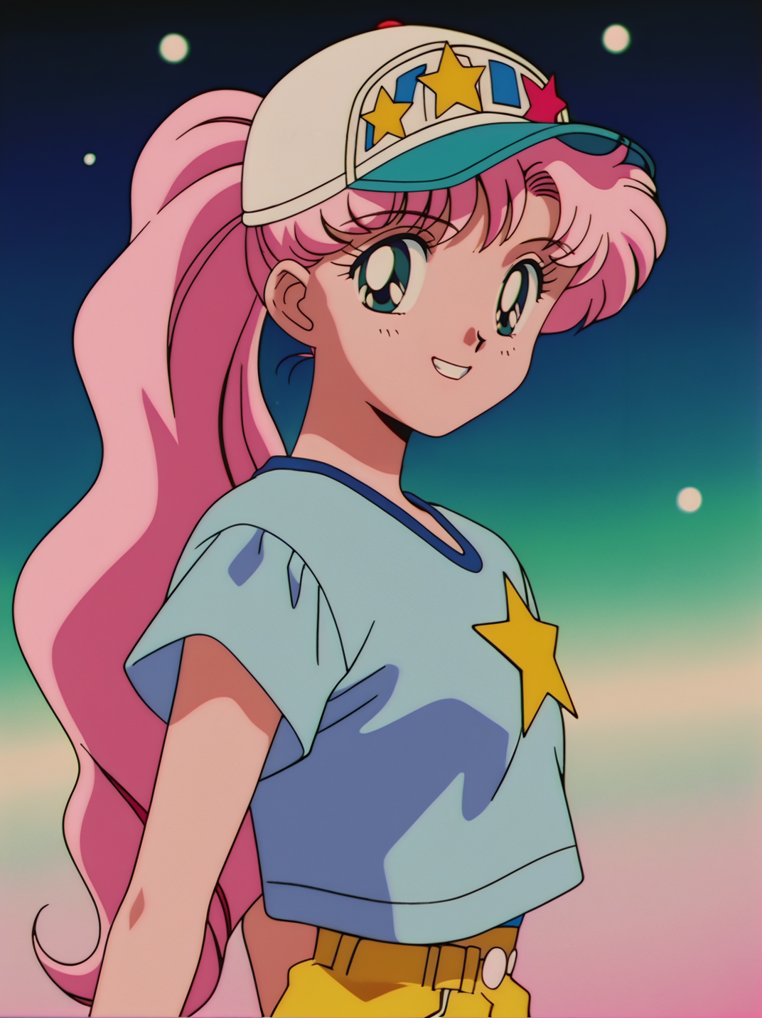score_9, score_8_up, score_7_up,, screencap, anime coloring, retro artstyle, 
1girl, solo, (blue hair:1.1), pink hair, long hair, sidelocks, ponytail, gradient hair, pink baseball cap, aqua eyes, looking at viewer, smile, teeth BREAK
raglan sleeves, pink sleeves, short sleeves, light blue shirt, shorts, arcade, bokeh, from side, dappled sunlight,, star \(symbol\), 
 <lora:ASailorTominagaXL_style:1>, SailorMoonXL