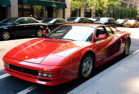 ClassicMuscleCar, gleaming red Frerrari Testarossa, front view, sunny, New York fifth avenue, 4K, highly detailed, (((stylish grainy analog 35mm film photo)))