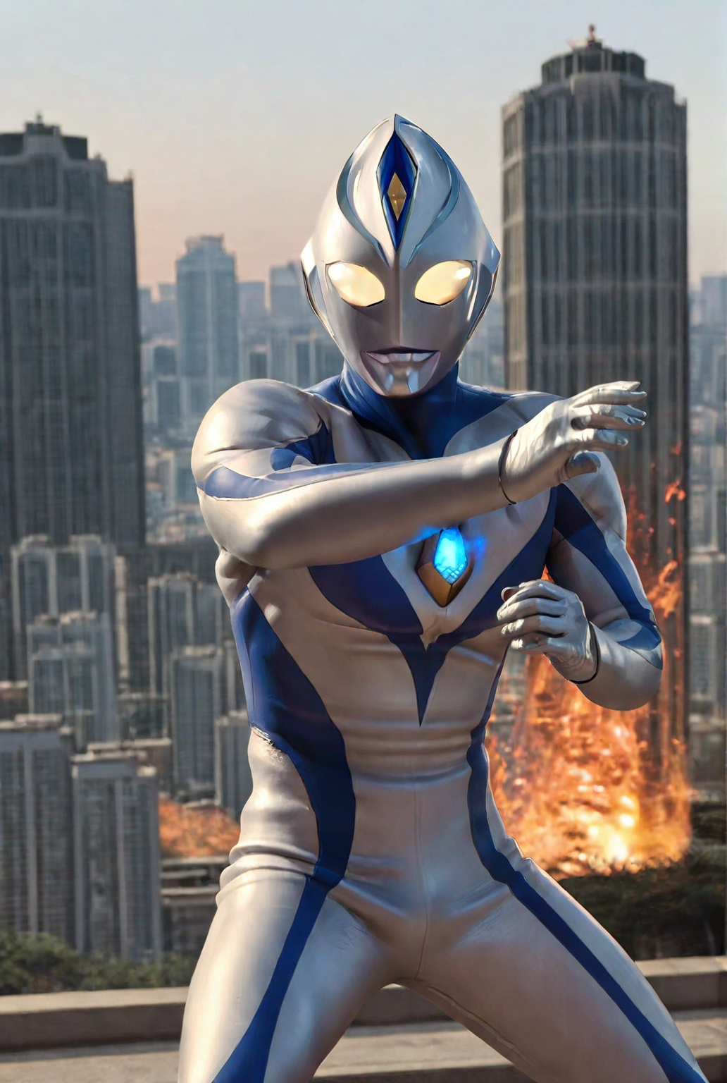 very awe,aesthetically pleasing,masterpiece,best quality,amazing quality,very aesthetic,ultra-detailed,high resolution,8k,1boy,solo,male focus,detailed face,tokusatsu,alien,bodysuit,glowing eyes,yellow eyes,blue bodysuit, dyn4 blue,fighting stance,fire,cityscape,<lora:Ultraman Dyna:0.8>,
