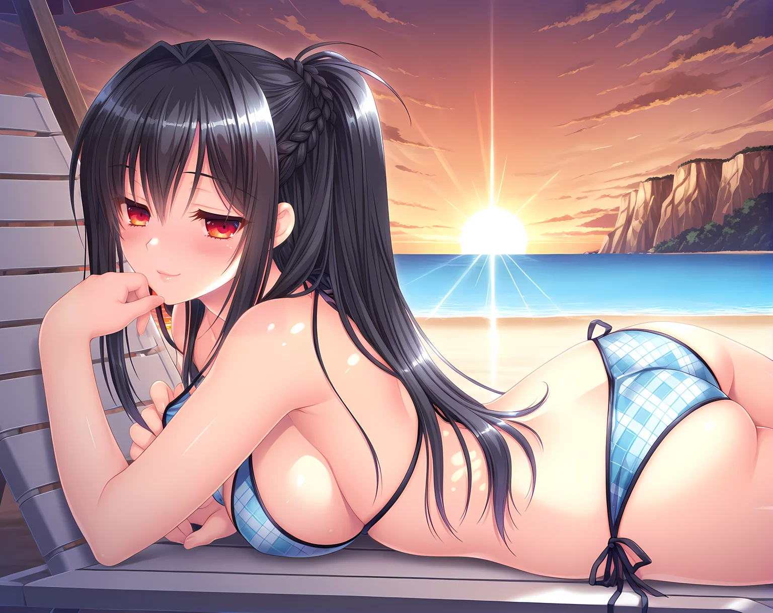 1girl,touko,ponytail with braided base,ponytail,black hair,red eyes,long hair,blush,kinmedai pink,large breasts,cowboy shot,solo,sitting,lounging,on stomach,sideboob,beach chair,beach,outdoors,detailed background,sunset,dappled sunlight,light rays,cloudy sky,bikini,lips,seductive smile,blush,<lora:Touko_GFQ_SP:0.7>,, masterpiece,best quality,amazing quality, very aesthetic, absurdres,detailed eyes,ultra-detailed,