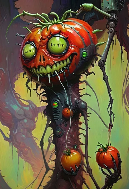 w4rh4mm3r style oil painting, grimdark, cybernetic , 
tall creepy Tomatoes man monster, lascivious smile