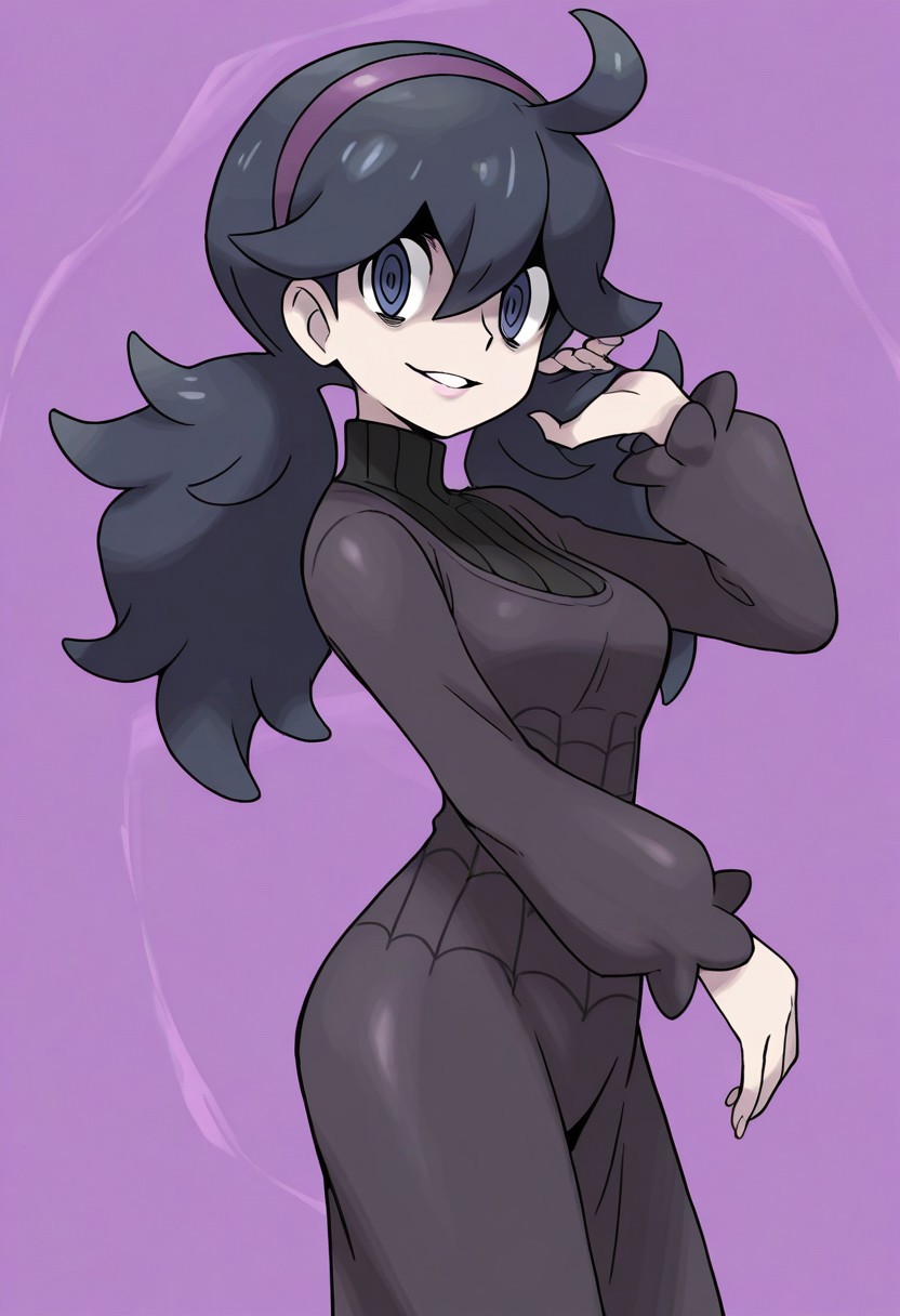 sugimori ken, official style, 
best quality, masterpiece, amazing quality, very aesthetic, absurdres, 
1girl, solo, 
cowboy shot, side view, 
adjusting hair, 
hex maniac \(pokemon\), 
lotails, 
looking at viewer, parted lips, 
abstract background