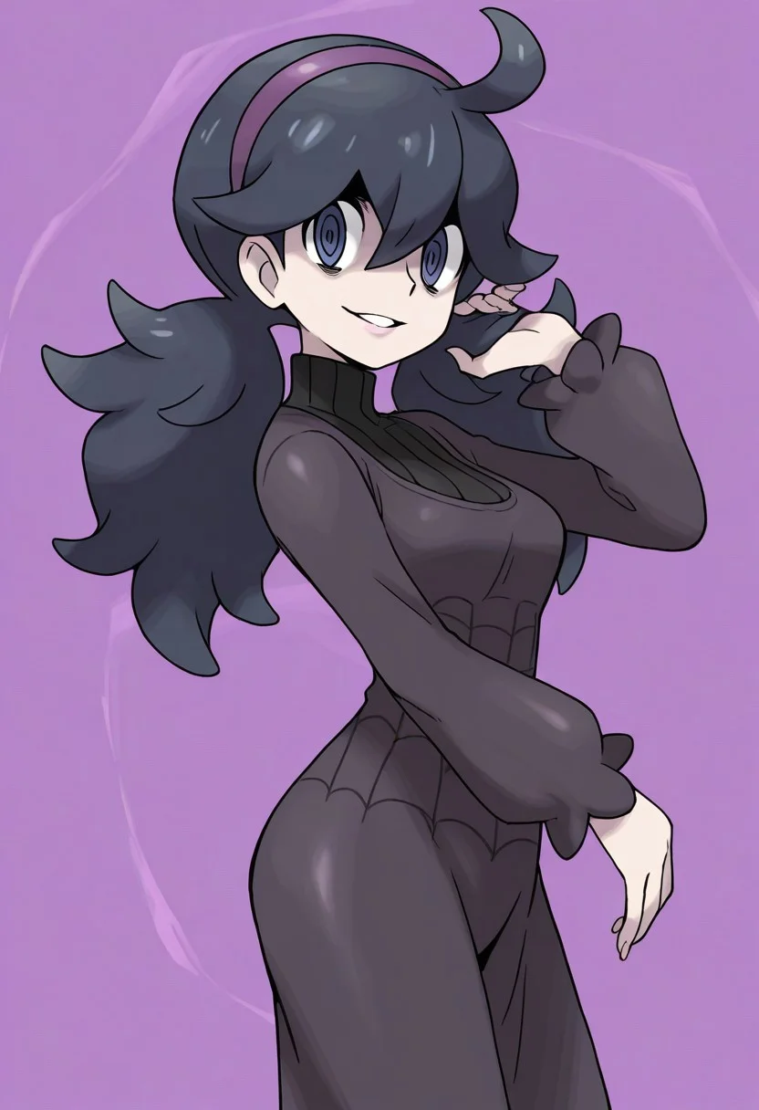 sugimori ken, official style,
best quality, masterpiece, amazing quality, very aesthetic, absurdres,
1girl, solo,
cowboy shot, side view,
adjusting hair,
hex maniac \(pokemon\),
lotails,
looking at viewer, parted lips,
abstract background