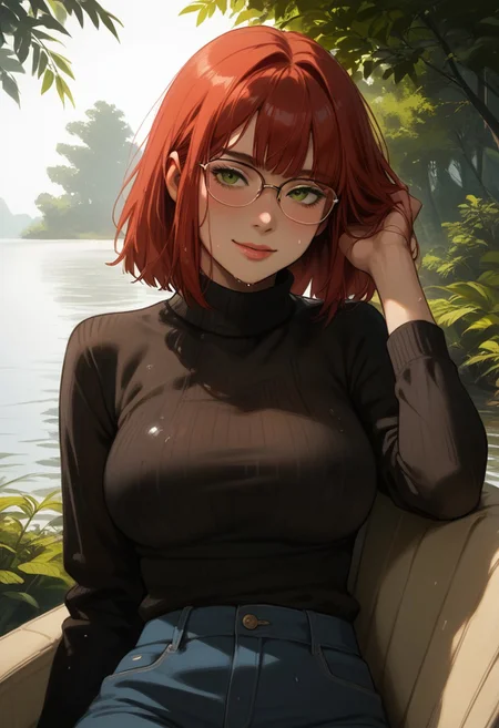 score_9,score_8_up,score_7_up,score_6_up,score_5_up, masterpiece, best_quality, ultra-detailed
BREAK
1girl, solo, short red hair, bangs, green eyes, aviator glasses, large breasts, black turtleneck sweater, blue jeans, wet hair, sideways glance, wet clothes, water, blush, wet skin, smiling, hand in hair, lying on beach chair
BREAK
ruanyi1126,forest,outdoors,flower,
