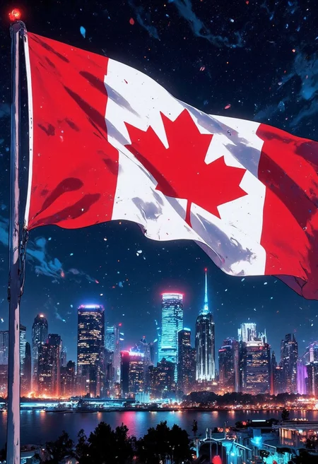 Giant Canadian Flag - Night Perspective
"Mh1$AgThS2
Windsor's massive Canadian flag appears in extreme closeup from an overhead drone perspective, its iconic maple leaf tilted dramatically against the night sky as if photographed during freefall. The flag is illuminated by next-generation projection technology that maps historical Canadian achievements across its surface in chronological sequence, the images appearing as glowing overlays that shift every thirty seconds. The flagpole incorporates subtle laser emitters that create a cylindrical force field protecting the national symbol from environmental damage, the barrier visible only when precipitation strikes it, creating rippling patterns of light in maple leaf red. Stealth maintenance drones with optical camouflage tend to the flag during darkness, their positions betrayed only by occasional flashes of diagnostic light that create ephemeral constellations around the national symbol. The wide-angle backdrop reveals Windsor's nighttime skyline where buildings have adopted synchronized lighting protocols that complement the flag's illumination, creating a citywide light show in patriotic colors.
The entire composition glows with the quiet energy of national pride illuminated through technological artistry, the deep crimson of the flag standing out against the electric blues and purples of the urban night.
Thin border of Canadian prime ministerial signatures that authorize themselves on an epic border background."