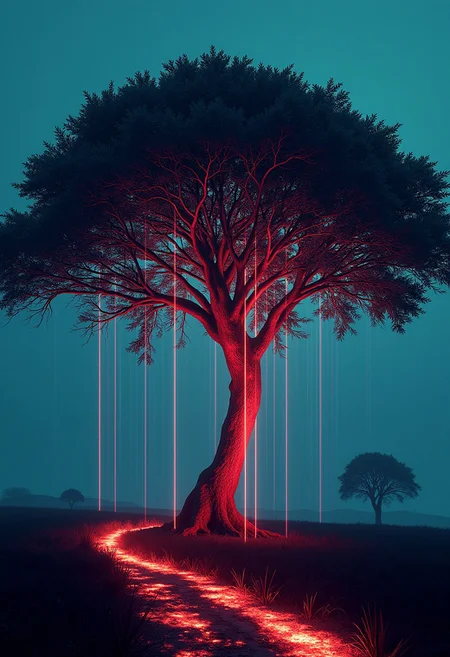 retro vector art of a large tree, glowing lines, render, futuristic, glitch, depth of field, matrix, 7-retrofuturism