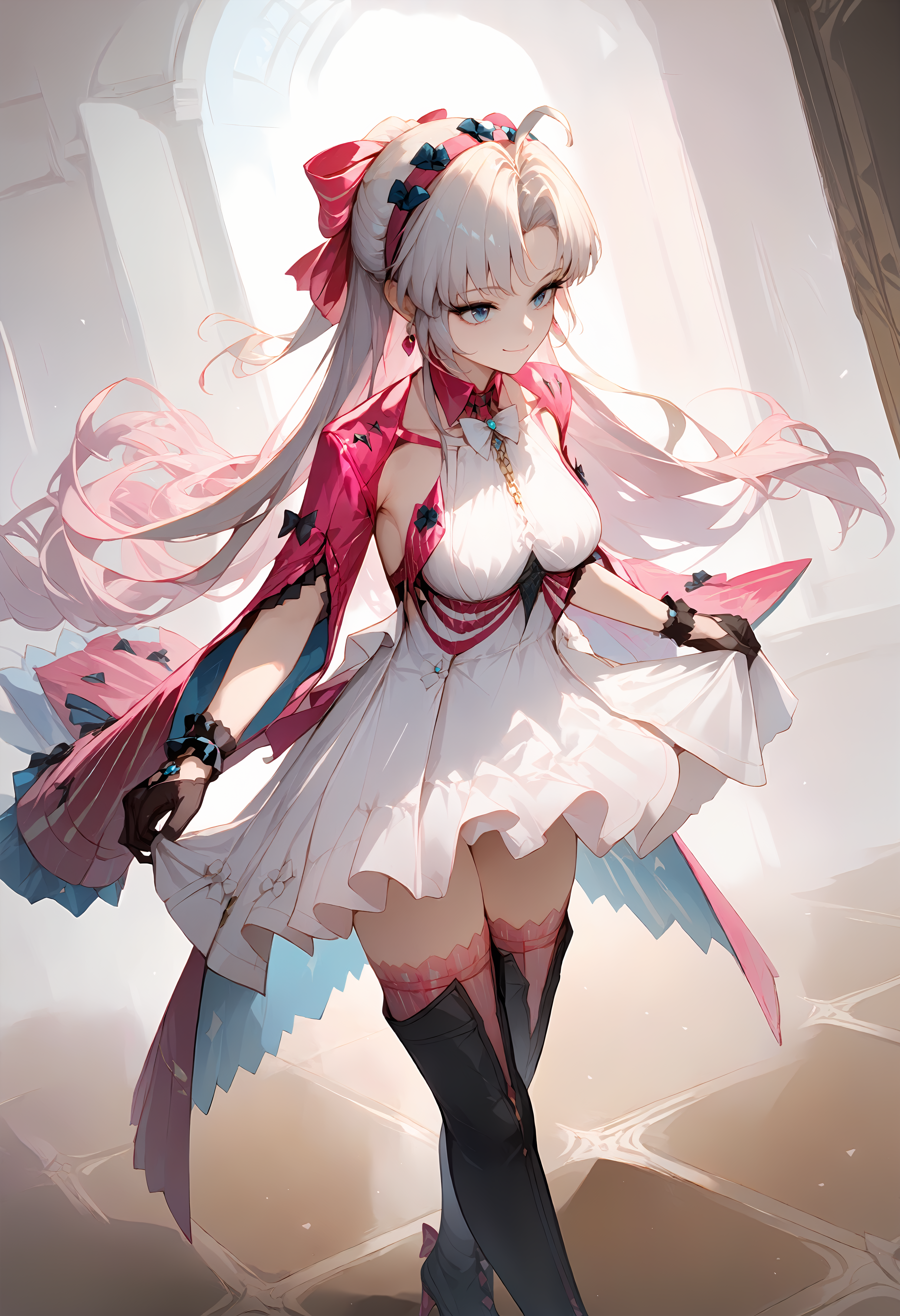 (score_9, score_8_up, score_7_up), 1girl, carlotta, pink hair bow, black gloves, pink thighhighs, thigh boots, smile, closed mouth, curtsey, standing, <lora:carlotta-wwPO-v1b:0.9>, <lora:curtsey-gesturePO-v1:0.8>