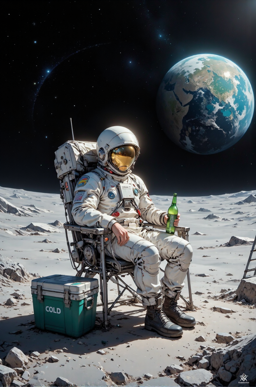 The image is a digitally created CGI scene depicting a lone astronaut relaxing on the Moon's surface. The astronaut, positioned in the foreground, is lying on a metallic chair, wearing a white spacesuit with a reflective gold visor covering their eyes. The spacesuit has various textures and seams, giving it a realistic appearance. The astronaut is holding a green bottle in their right hand, suggesting they might be enjoying a drink. Their left leg is propped up on a green, rectangular cooler box with white lettering that reads "COLD," implying it holds drinks or other chilled items.
The background features the vast, barren expanse of the Moon's surface, with its gray, rocky terrain and numerous craters. In the distance, the Earth is visible, partially illuminated by sunlight, showing its blue and green continents and white clouds. The Earth appears to be in the right half of the image, while the Moon's horizon is at the center. Above the Earth, the dark expanse of space is dotted with countless stars, creating a sense of vastness and isolation. To the right, a small, metallic ladder is leaning against the Moon's surface, suggesting a recent landing or exploration. The scene combines elements of realism and surrealism, creating a striking and imaginative depiction of space travel.
 <lora:DarksunRIDDV3:0.5> <lora:flux_hyperkraximalism-balanced:0.5> <lora:Midjourney_-_SemiReal_Dreams_FLUX_LoRA:0.5> <lora:CPA:0.5> <lora:Anime_realistic_v2:0.5> Realistic anime style <lora:BLUE_mk4_angel_FLUX_01:0.5>