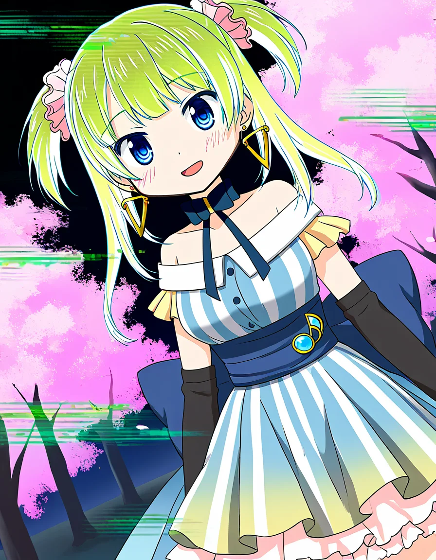 masterpiece, best quality, newest, absurdres, highres, safe, 1girl, minami rena, magia record: mahou shoujo madoka magica gaiden, glitch hair, glitch, solo, outdoors, cherry blossoms, night, dutch angle, <lora:minami_rena_noobaiXLNAIXL_vPred10Version:0.7>