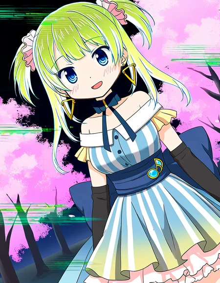 masterpiece, best quality, newest, absurdres, highres, safe, 1girl, minami rena, magia record: mahou shoujo madoka magica gaiden, glitch hair, glitch, solo, outdoors, cherry blossoms, night, dutch angle, <lora:minami_rena_noobaiXLNAIXL_vPred10Version:0.7>