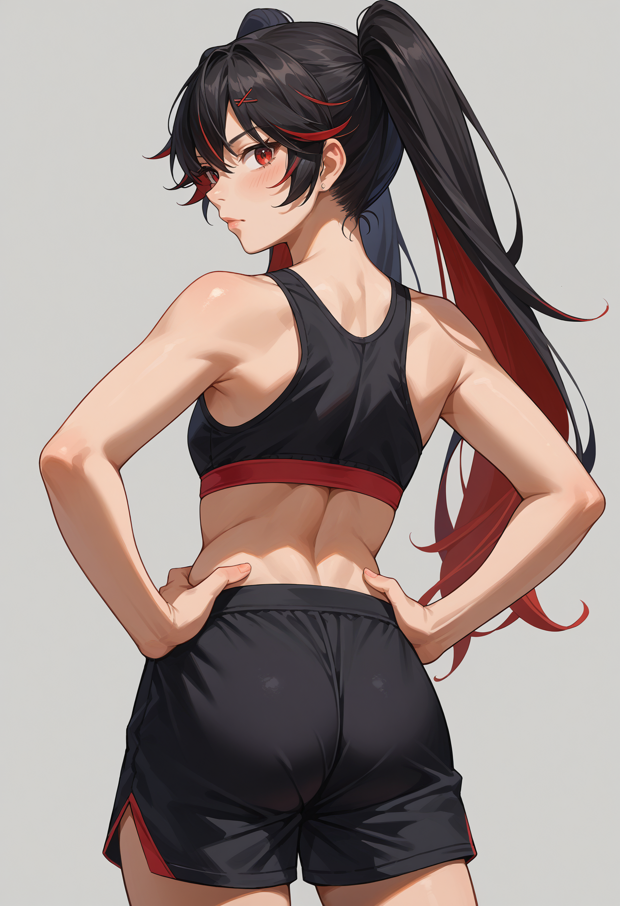 score_9, score_8_up, source_anime, 1girl, solo, LuciaPlume, long hair, twintails, streaked hair, gradient hair, from behind, looking back, hands on hips, sports bra, black shorts, ass, <lora:ChamLuciaPlumePonyXL:1>