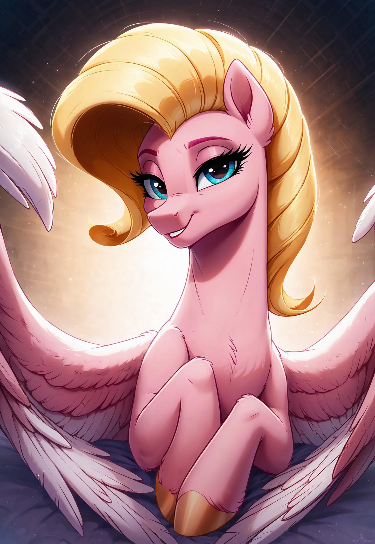 score_9, score_8_up, score_7_up, score_6_up, score_5_up, score_4_up, source_pony, furry \(style\), toon \(style\), high-definition, masterpiece, best-quality, 4k, 2k, aburdres, perfect shadows, sharp focus, bokeh, extremely detailed CG unity 8k wallpaper, close up, face focus, 1girl, solo, mature female, long and slender body, feral, pegasus, pink fur, PP Pegasus, blue eyes, eyelashes, blonde hair, blond tail, pegasus wings, golden hooves, white wings, feathered wings, looking at viewer, my little pony: friendship is magic, Expressiveh 