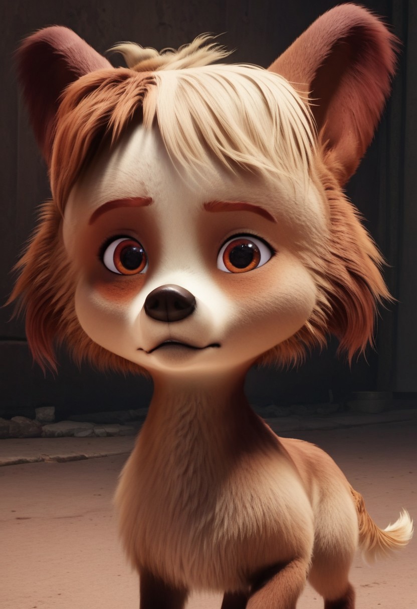 batty, 1girl, female dog, feral, small dog, tri-colored fur, golden tan with a lighter face and belly, one patch over each eye of a darker tan, brown ears, amber eyes, brown and blond hair, brown paws, golden tail, big head, easynegative, score_8_up, score_7_up, BREAK, 1girl, solo, close-up, portrait, frown, looking at viewer, detailed background, 4k, masterpiece, best quality, highly detailed, 3d, realistic,