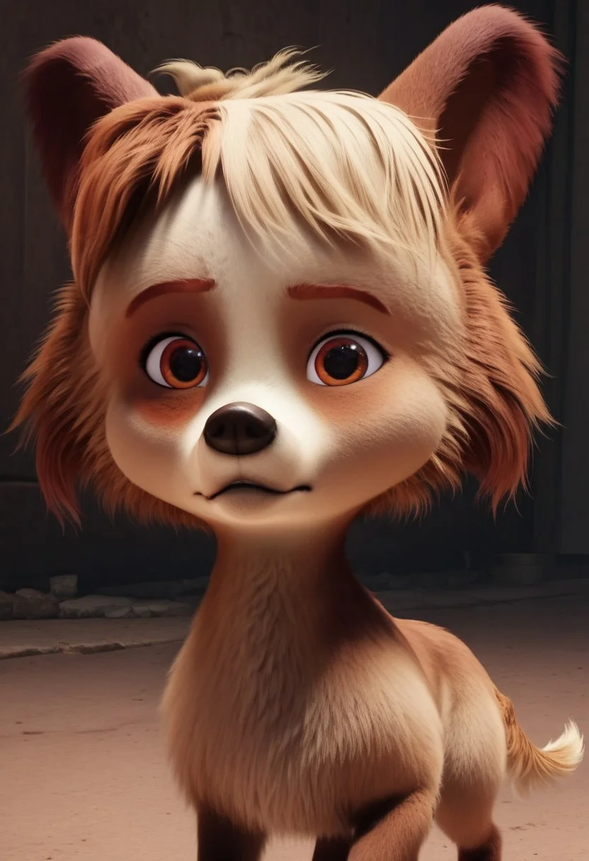 batty, 1girl, female dog, feral, small dog, tri-colored fur, golden tan with a lighter face and belly, one patch over each eye of a darker tan, brown ears, amber eyes, brown and blond hair, brown paws, golden tail, big head, easynegative, score_8_up, score_7_up, BREAK, 1girl, solo, close-up, portrait, frown, looking at viewer, detailed background, 4k, masterpiece, best quality, highly detailed, 3d, realistic,