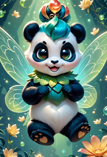 score_9, score_8_up, score_7_up, score_6_up, score_5_up, score_4_up, whimsical, panda fairy, adorable, magical oasis, extremely detailed