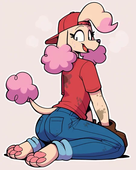 score_9_up, score_8_up, score_7_up, score_6_up, by remanedur, pink highlights, multicolored hair, furry female, poodle, female, furry, solo, three-quarter view, happy, from behind position, looking back, head tilt, red baseball cap, baseball cap, backwards baseball cap, gloves, handwear, red shirt, sweat, dirty, panting, on front, paws, pawpads, kneeling, low-angle view, red t-shirt, t-shirt, jeans, tail, simple background, white outline, <lora:Leah_Pines(AIM)_XL_v1:0.25> <lora:PDXL_artist_tags_v2_big:0.5> <lora:The-Minuscule-Task_PDXL_v1.0:0.6> <lora:Louise_aaronchenart:0.6>