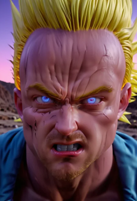 cinematic film still, saturated colors, negative space,
establishing standing shot, looking at viewer,
1boy , zoomed in
muscular man, blond spiked hair, super saiyan, glowing, electricity , , solo,
face of jesse pinkman, (breaking bad style),
closed mouth, eyes open
backdrop is a desolate rocky plateau, dusk time