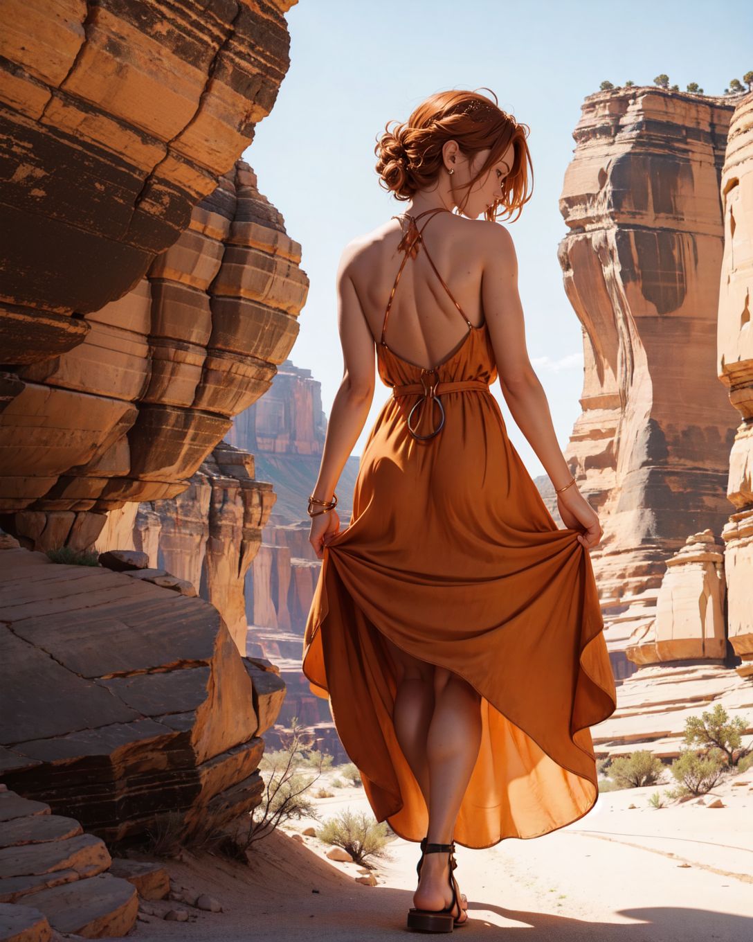 canyonlands national park, (style of Peter Lindbergh) adult woman from [behind|the side], flowing lightweight ([earthtone|orange|copper|orange] dress:1.5), earth tones, silver jewelry, walking in desert ravine, deep canyon, rugged terrain, soft sunlight, long shadows, minimalism, natural stones, introspective expression, desert rocks sand backdrop, backlighting, raw atmosphere, gold belt, sandals, leather straps, minimalist design, worn texture, low heel, open-toe, desert dust, subtle stitching, (sideboob:1.5) , Marsaili_v1