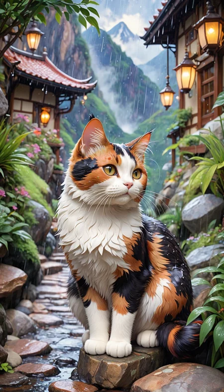 Anime style, Studio Ghibli inspired, beautiful calico cat enjoying the rain, winding mountain path background, vibrant colors, detailed rocks and plants, serene and adventurous atmosphere, soft lighting, whimsical and natural, gentle rain, high contrast, intricate textures
