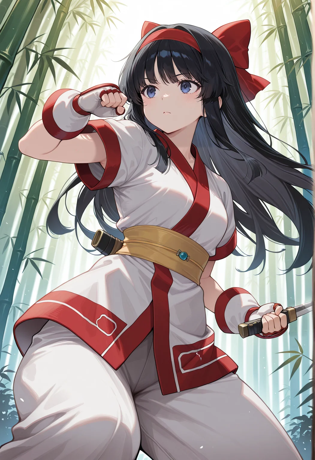 1girl, solo, long hair, black hair, hair bow, hairband, ainu clothes, japanese clothes, short sleeves, pants, fingerless gloves, bamboo forest, holding dagger, fighting stance, <lora:Nakoruru_illus:1>, masterpiece, best quality, amazing quality, very aesthetic, absurdres, highres, newest