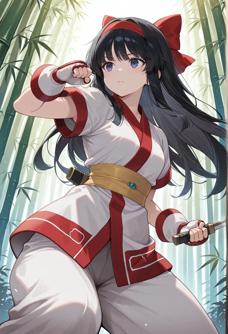 1girl, solo, long hair, black hair, hair bow, hairband, ainu clothes, japanese clothes, short sleeves, pants, fingerless gloves, bamboo forest, holding dagger, fighting stance, <lora:Nakoruru_illus:1>, masterpiece, best quality, amazing quality, very aesthetic, absurdres, highres, newest
