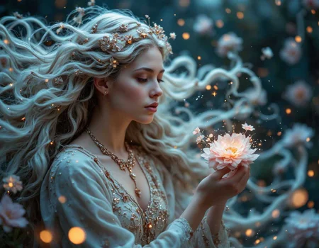 A celestial being gracefully tending to a dreamlike garden where plants are woven from pure stardust,their delicate tendrils swirling like cosmic mist. Bioluminescent flowers bloom in hypnotic waves,shifting through iridescent colors as if breathing with the rhythm of the universe. The figure’s hair,flowing like liquid silver,cascades in slow motion,reflecting constellations that shimmer and shift with every movement. Their luminous eyes hold the vastness of the cosmos,twin galaxies swirling within. As they gently touch a delicate petal,the flower unfurls into a breathtaking nebula,scattering brilliant particles into the air. Tiny luminous fireflies,each resembling miniature stars,hover in the misty atmosphere,casting a soft,otherworldly glow over the surreal,weightless landscape. The entire scene feels suspended in time,an eternal moment of creation and celestial wonder.,<lora:aidmaFLuxPro1.1_v0.3:0.65>,aidmafluxpro1.1 <lora:Detail_Detailed_Portrait:0.5>
