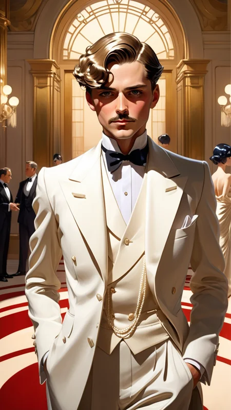 Create an 8K anime illustration, fusing John Singer Sargent's artistry with anime style. Focus on a Gatsby-like man, capturing Sargent's emotional depth and anime's vibrancy. His attire should blend Roaring Twenties elegance with anime flair. The background, a lavish Gatsby-esque scene, should merge Sargent's detail-oriented realism with anime's dynamic exaggeration. Ensure every detail, from expression to setting, weaves a story that's both classically nostalgic and uniquely modern.