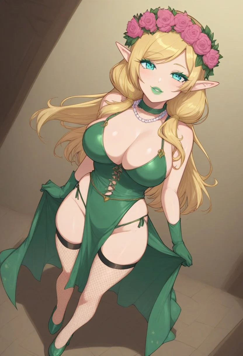 score_9, score_8_up, score_7_up, solo, perfect face, perfect eyes, 1girl, adult, elf, elf ears, light golden color hair, (long_hair:1.2), low twintails, flared mullet , swept bangs, dark pink flower on top of hair, light golden color hair, Light blue eyes, light green eye makeup, Green eyelashes, soft green lips, giant breasts, long dark green fishnet stockings, Pearl necklace around neck, pink flower crown on head, green gloves, green high-heeled shoes, light green bikini, midriff, sleeveless, standing, dutch angle, pelvic curtain