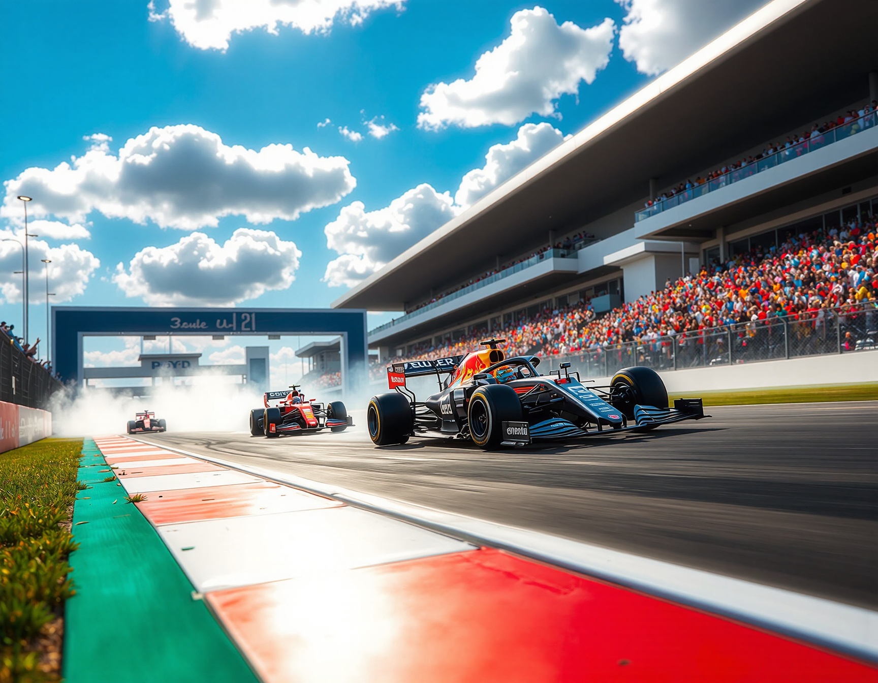 Ground level view of a Formula One race, capturing the intense speed and motion. The camera is positioned at the edge of the track, showing the sleek, aerodynamic cars zooming past in a blur of color and light. The background is a modern racetrack with grandstands filled with cheering fans, and the sky is a vibrant blue with scattered clouds. The cars are in vivid detail, with their sponsor logos and reflective surfaces catching the sunlight. The scene is dynamic, with smoke from burning rubber and sparks flying as the cars navigate tight turns. Photorealistic style and high contrast to emphasize the adrenaline and energy of the race.