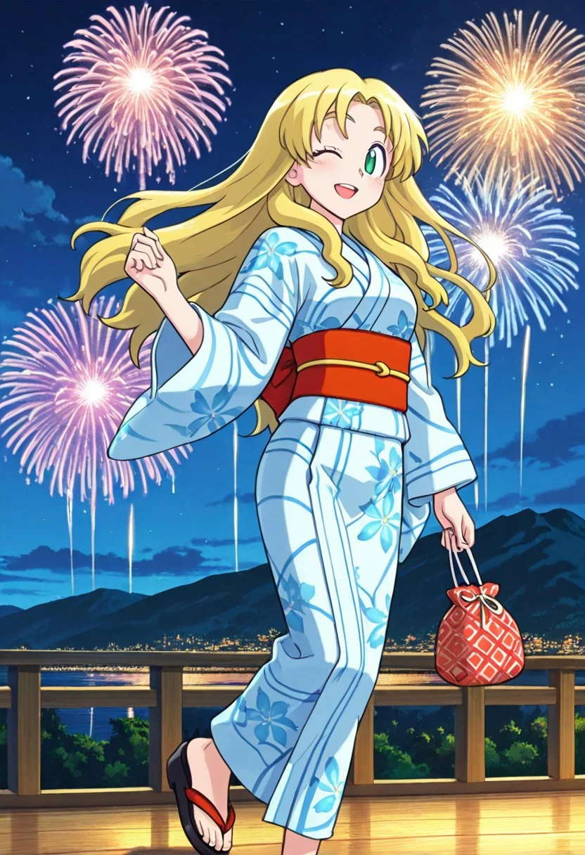 score_9,score_8_up,score_7_up,source_anime,5_figner,2d_animation,game cg,BREKE,1girl,solo,
Kalinka Xover,bangs,blonde hair,long hair,green eyes,
yukata,obi,sandal,Drawstring bag,
smile,cowboyshot,one eye closed,
Kyoto,Night,firework,mountain,cloud,
smile,openmouth,
masterpiece,best qualit,ultra-detailed,illustration,an extremely delicate and beautiful,beautiful detailed eyes,unity 8k wallpaper,high resolution,anime CG,official_art,