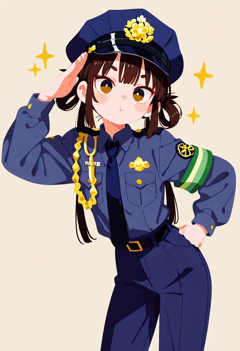 masterpiece,best quality,amazing quality, solo,1 boy,police uniform, navy blue shirt,navy blue trousers,salute pose, simple background, haiz_ai, no lineart,no outline, <lora:ponyv6_noobE11_2_adamW-000017:0.3> <lora:MeMaXL4:0.8> <lora:veluflora-wai:0.4> <lora:haiz_ai_illu:0.7>