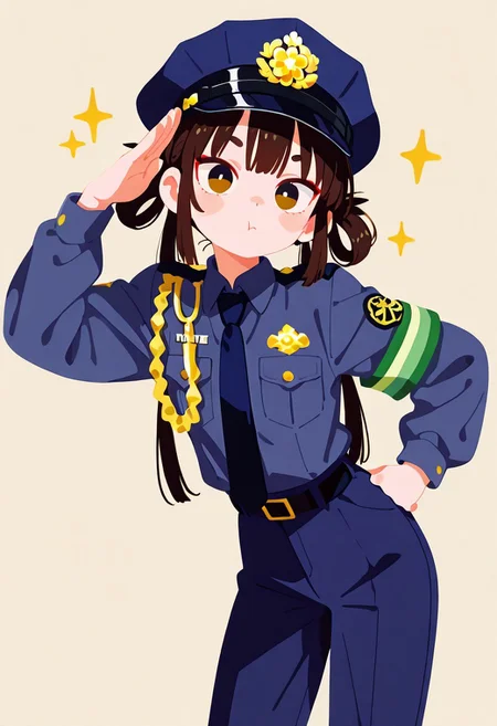 masterpiece,best quality,amazing quality, solo,1 boy,police uniform, navy blue shirt,navy blue trousers,salute pose, simple background, haiz_ai, no lineart,no outline, <lora:ponyv6_noobE11_2_adamW-000017:0.3> <lora:MeMaXL4:0.8> <lora:veluflora-wai:0.4> <lora:haiz_ai_illu:0.7>
