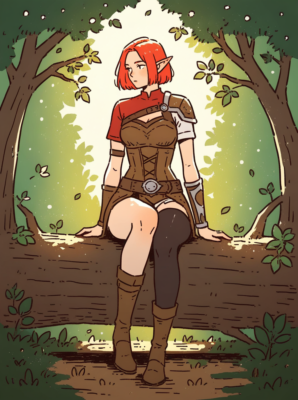 sref442161672, beautiful elf ranger girl sitting on wooden log in the woods, full body, leather armor, short red hair, leafs particles, legwear, boots, short sleeves, bracers, asymmetrical clothes, solo <lora:sxz-sref442161672:1>