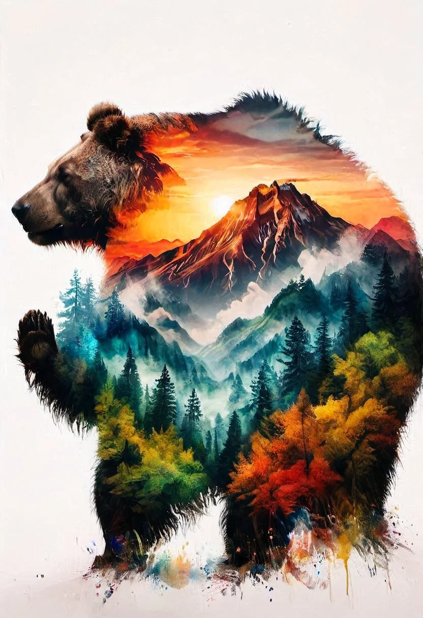 double exposure, shadowy silhouette (bear), animal head. merged with a mountain. In the style of a watercolor painting, ashy splatter backdrop. captivating, beautiful, vibrant, masterpiece, 8k, Ultra HD, amazing details, amazing quality, amazing artist, sharp edges, detailed textures, full view, atmospheric lighting, amazing visuals