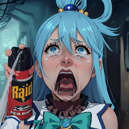 1girl, IncrssprayRaid, <lora:VictorVanDortSprayingRaidAndScreamingMeme:1>, open mouth, holding, aqua \(konosuba\), blue eyes, blue hair, detached sleeves, hair ornament, hair rings, long hair, single hair ring, very long hair, <lora:Char_Konosuba_Aqua:0.65>, aquascreaming, screaming, crying with eyes open, <lora:Pos_AquaScreaming:1>