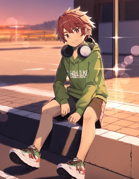 masterpiece, steelwire-style, outdoors, sunset, lens flare, street, curb, full body, 1boy, solo, red hair, red eyes, closed mouth, smile, headphones around neck, sitting, streetwear, green hoodie, shorts, sneakers <lora:steelwire_naiXL_v1Nd-ShoAI:1>