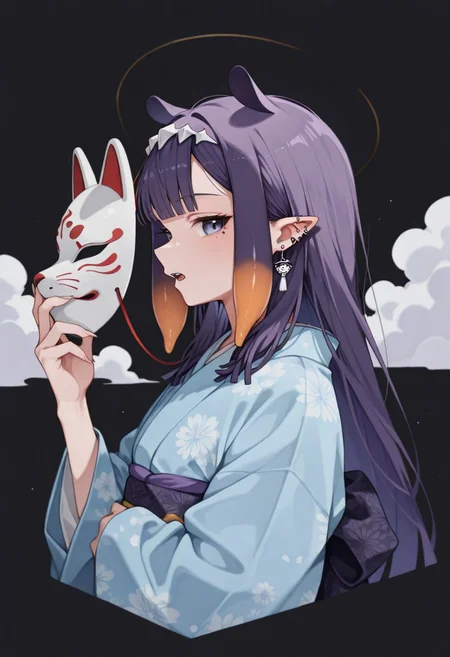 Lazypos, 1girl,solo, ninomae inanis, pointy ears, long hair, purple hair, multicolored hair, blunt bangs, tentacle hair, sidelocks, purple eyes, hololive thick_eyebrows,hairband,sharp_fingernails,,unworn_mask,black_background,horizontal_pupils,cropped_shoulders,white_hairband,long_sleeves, blue kimono, fingernails, slit_pupils, japanese_clothes,earrings ,jewelry,absurdres,fox_mask,multiple earrings, medium_hair, holding_mask, by prat_rat,hand_up,cloud,mask,kimono, holding,open_mouth,wide_sleeves,film_grain,profile,looking_at_viewer