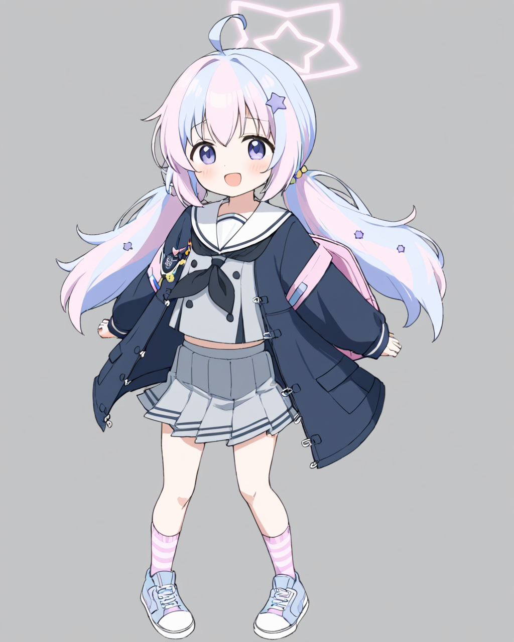 reisa \(blue archive\),1girl, solo, star_\(symbol\), star_hair_ornament, backpack, full_body, striped_socks, pleated_skirt, simple_background, grey_skirt, pink_socks, ahoge, white_sailor_collar, long_sleeves, holding, looking_at_viewer, grey_background, low_twintails, :d, open_mouth, sneakers, black_neckerchief, necktie, gun, blush, black_jacket, serafuku, open_jacket, star_halo, white_footwear, light_blush, grey_shirt
<lora:reisa_(blue_archive)_image894_2023-11-28:1>halo. gorgeous,key visual, vibrant, studio anime,award-winning, professional, highly detailed,high budget, cinemascope