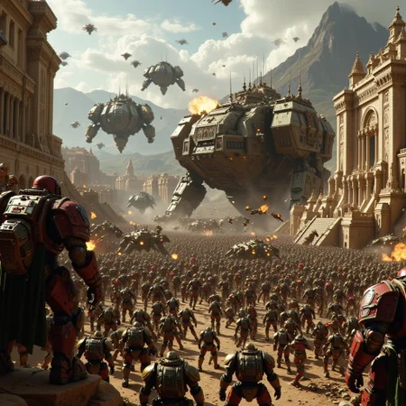 UHD 32k fantasy battle movie still, photograph, battle between heavily armored Warhammer 40K Orks and futuristic humans invading in space ships, chaos of battle surrounding them, intricately detailed ancient city background, cinematic realism, cinematic lighting, high action pose, intricately detailed place, film grain, HD, 8k, photorealistic, epic scale, intricate design, ancientstyle, spacebattle