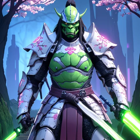 <lora:ArsMJStyle_-_AnimeA:1> ArsMJStyle, AnimeA, "Orc samurai facing cybernetic knight, futuristic medieval fusion. Orc: green skin, traditional armor with neon accents, energy katana. Knight: sleek white plating, glowing blue visor, plasma longsword. Setting: cherry blossom grove with holographic projections. Technique: hard edge cel-shading, dramatic lighting, speed lines. Background: futuristic pagoda skyline, setting twin suns, atmosphere haze."