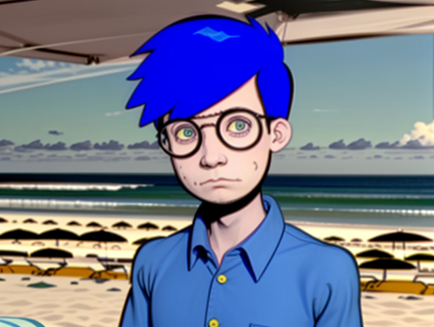 <lora:Kevin_French_-_Mission_Hill_1999_08:0.9> kevin_french, 1boy, short hair, blue hair, glasses, light blue shirt, button down shirt, solo, yellow sclera, rolled up sleeves, beach, ocean, frown, <lora:LCM_SD15:1.0>