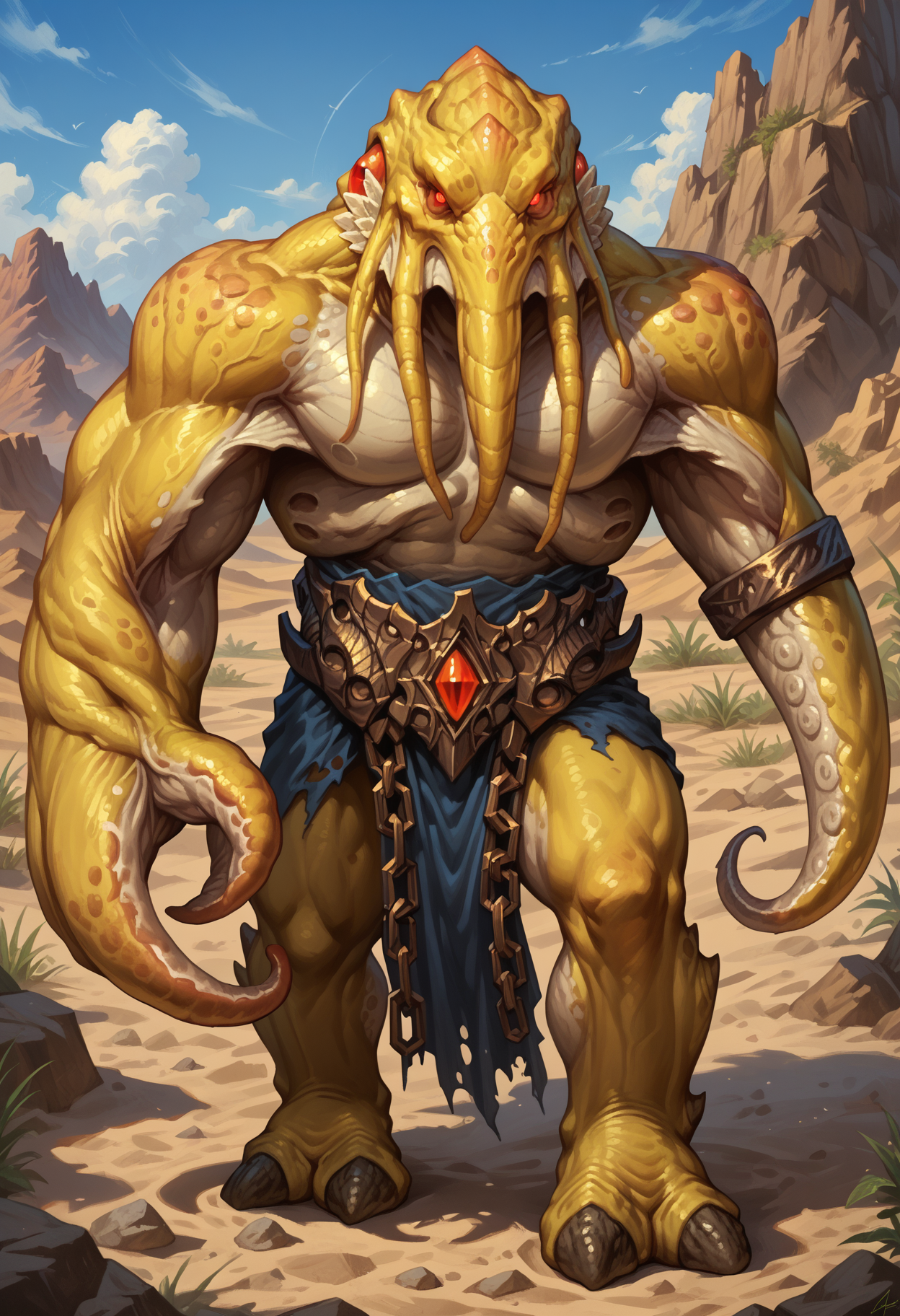 zPDXL3, score_9, score_8_up, score_7_up, detailed face, detailed body, detailed background, perfect anatomy, masterpiece, high quality, best quality, outdoors, desert BREAK three-quarter view, male, muscular, big pecs, thick thighs, faceless_one, monster, yellow skin, red eyes, glowing eyes, looking at viewer, standing <lora:FacelessOne_WoW_V1:0.9> <lora:detailed_notrigger:1> <lora:d3t41l3dXLP:0.5>